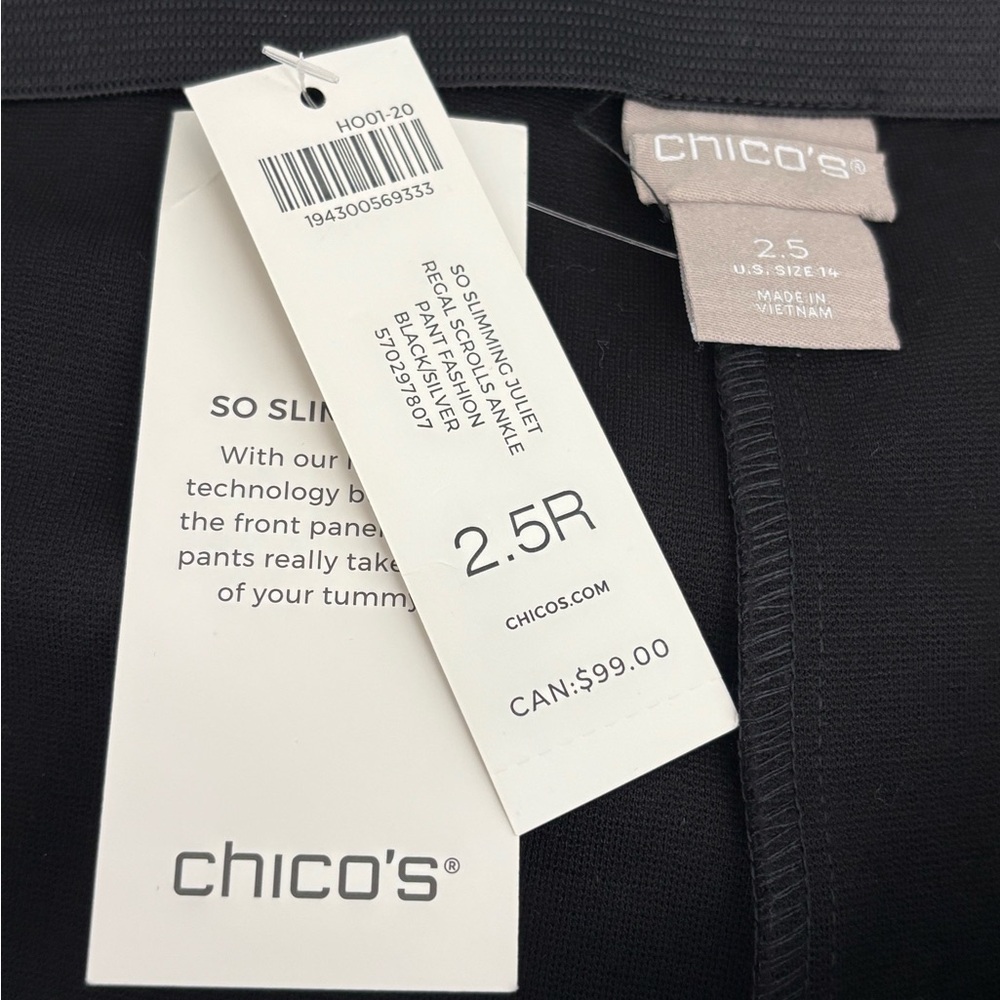 NWT Chicos So Slimming Black Juliet Flocked Scroll Ankle Pant Black Sz 2.5 US 14 - Picture 7 of 8